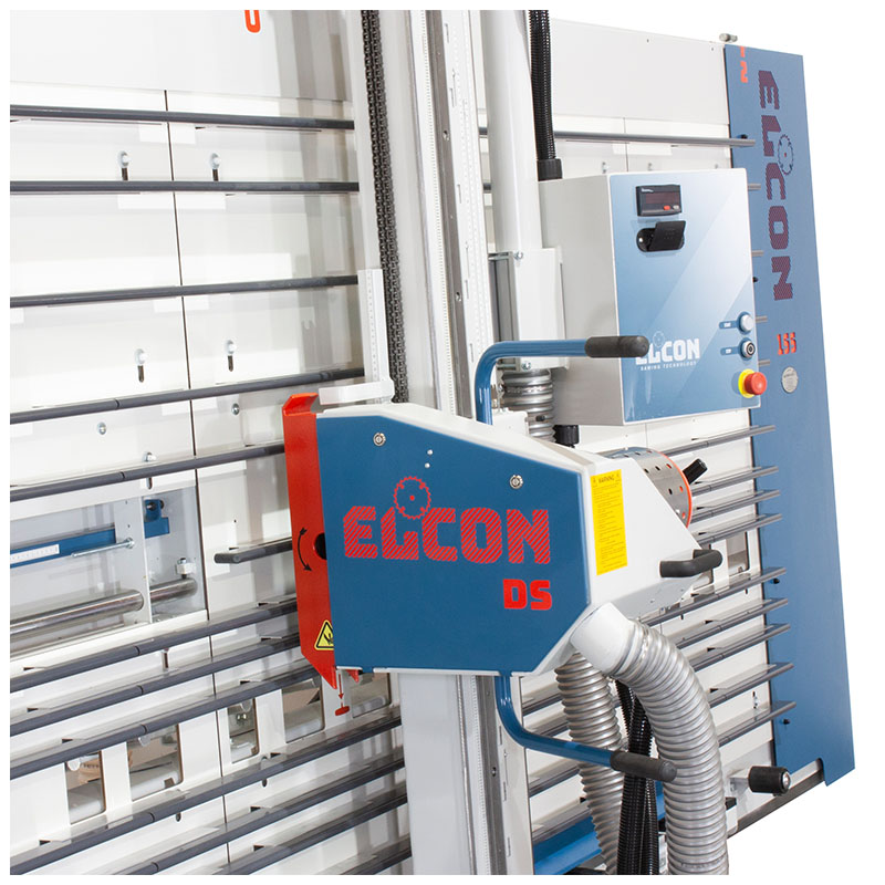Saw head in vertical position on Elcon DS vertical panel saw