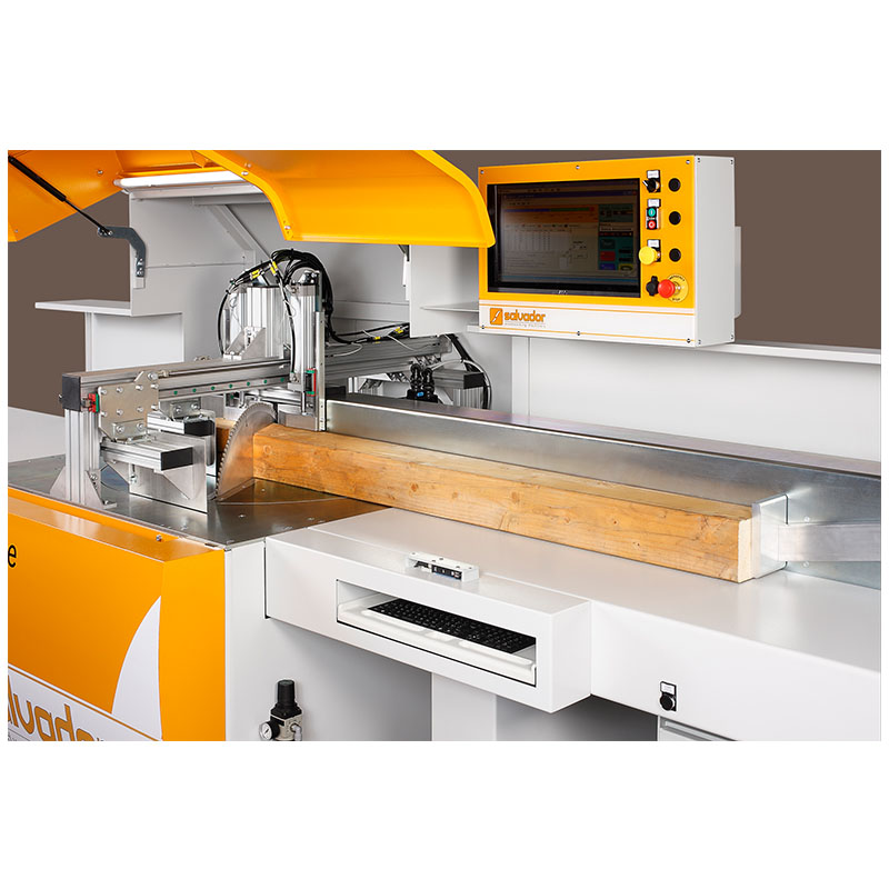 Infeed and operator controls on Salvador SuperAngle 600 automatic crosscut saw