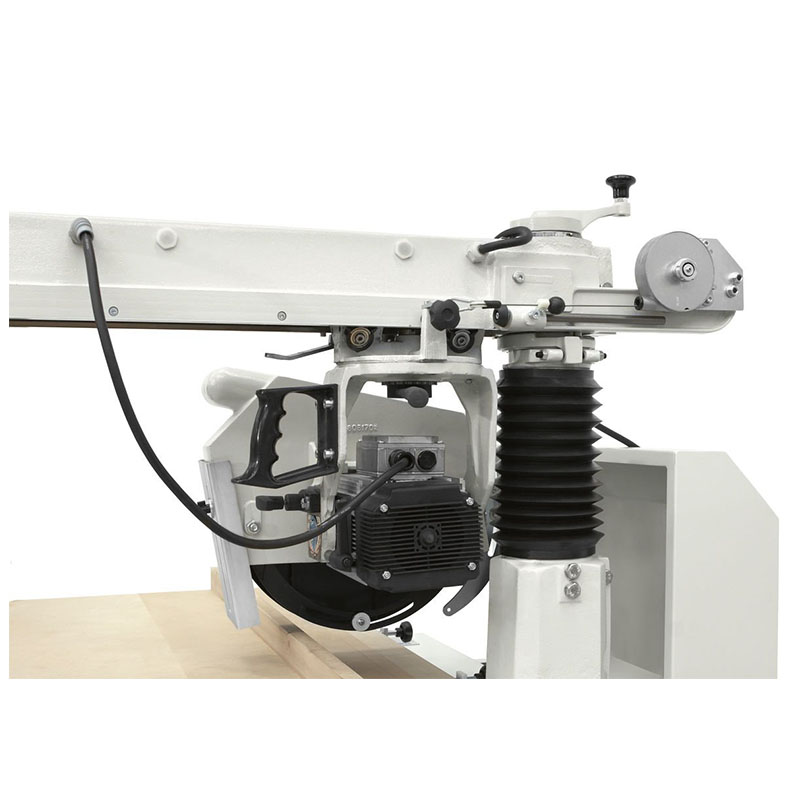 Side view of saw head and return spring on SCM Formula SR radial arm crosscut saw