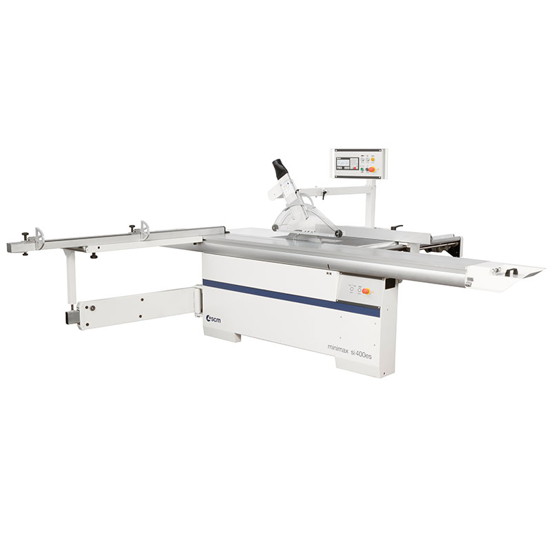 Machine with optional powered rise, fall and tilt of sawblade and eye-level controls